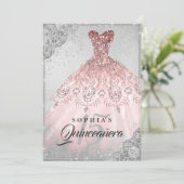 Rose Gold Silver Diamond Sparkle Gown Quinceanera Invitation (Standing Front)
