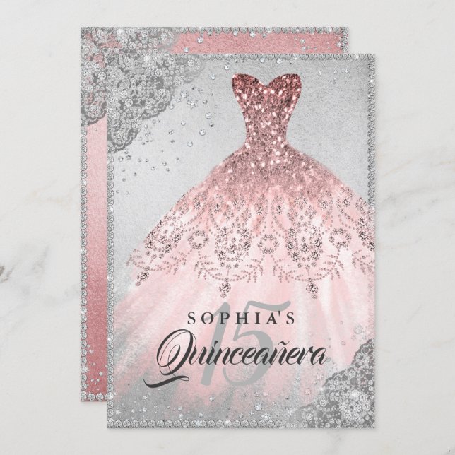Rose Gold Silver Diamond Sparkle Gown Quinceanera Invitation (Front/Back)