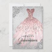 Rose Gold Silver Diamond Sparkle Gown Quinceanera Invitation (Front)