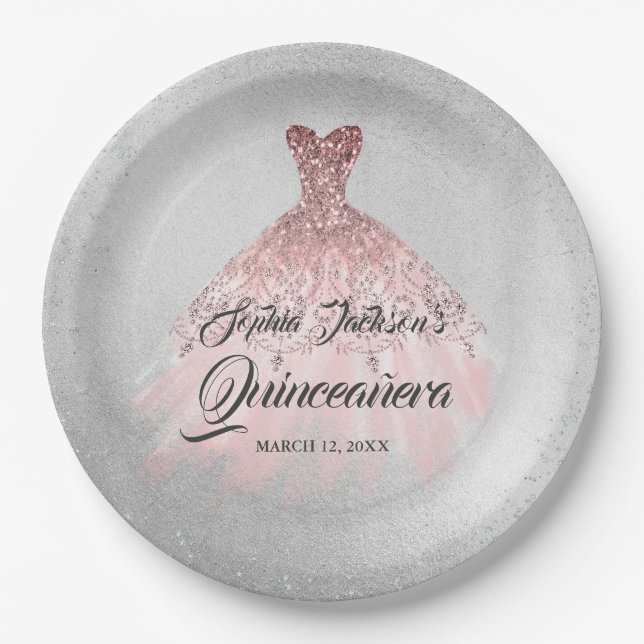 Rose Gold Silver Diamond Sparkle Gown Quinceanera Paper Plates (Front)