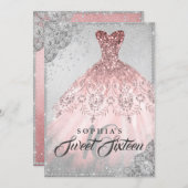 Rose Gold Silver Diamond Sparkle Gown Sweet 16 Invitation (Front/Back)