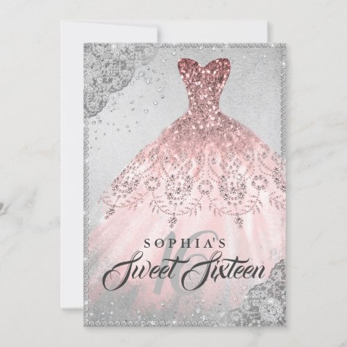 Rose Gold Silver Diamond Sparkle Gown Sweet 16 Invitation