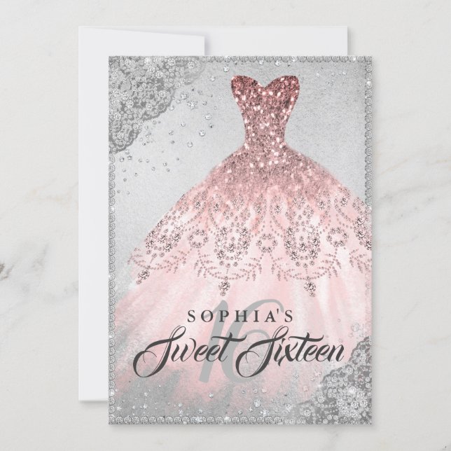 Rose Gold Silver Diamond Sparkle Gown Sweet 16 Invitation (Front)