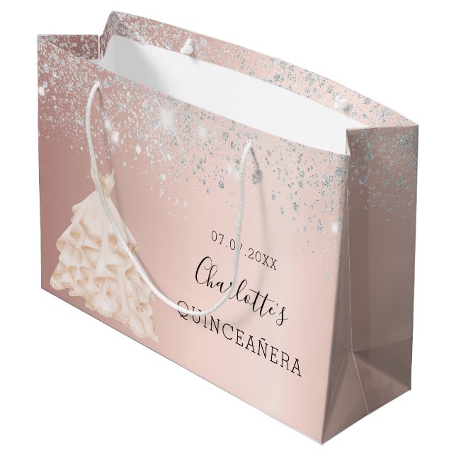 Rose gold silver dress name Quinceanera Large Gift Bag (Back Angled)