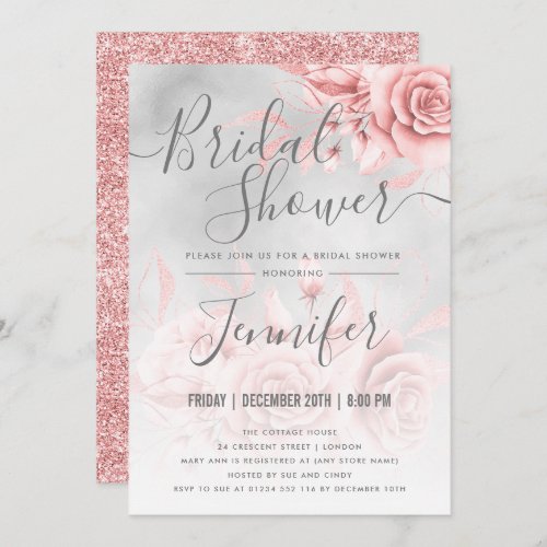 Rose Gold Silver Floral Glitter Bridal Shower Invitation