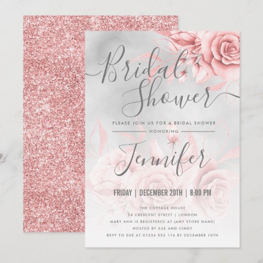 Rose Gold Silver Floral Glitter Bridal Shower Invitation