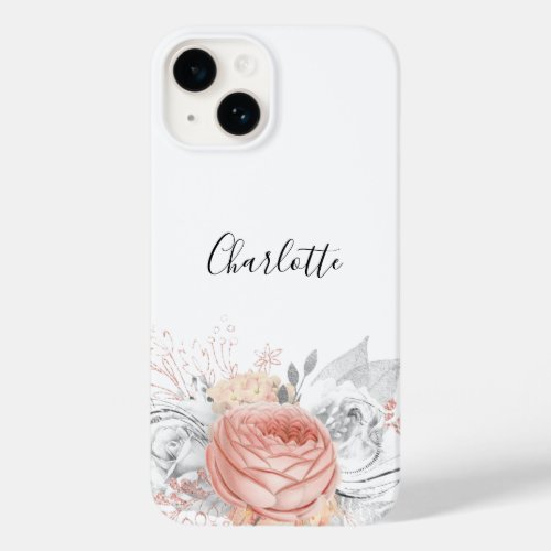 Rose gold silver foliage white name elegant Case_Mate iPhone 14 case