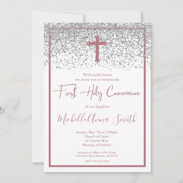 Rose Gold Silver Girl First Holy Communion Invitation (Front)