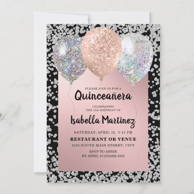 Rose Gold Silver Glitter Balloons Quinceañera  Invitation (Front)