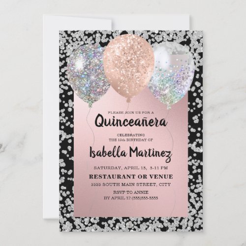 Rose Gold Silver Glitter Balloons Quinceaera  Invitation