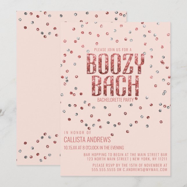 Rose Gold Silver Glitter Confetti Bachelorette Invitation (Front/Back)