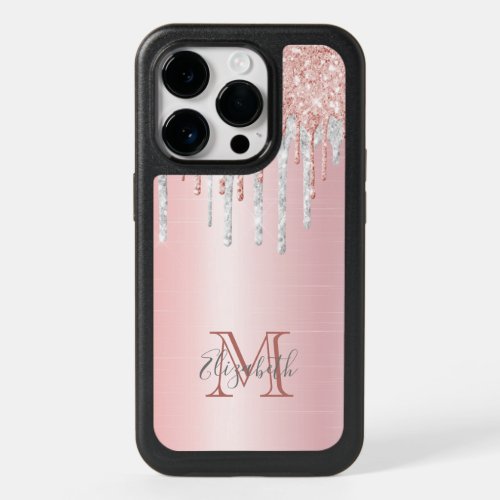 Rose gold silver glitter drip pink monogram name OtterBox iPhone 14 pro case