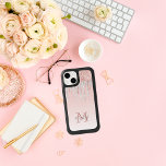 Rose gold silver glitter drip pink monogram name OtterBox iPhone 14 case<br><div class="desc">A rose gold gradient background with rose gold and faux silver glitter drips,  dripping. Add your name and monogram letter.  The name is written in gray with a modern hand lettered style script.</div>