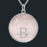 Rose gold silver glitter drips monogram name sterling silver necklace<br><div class="desc">Girly, trendy and monogrammed. A feminine blush pink background decorated with rose gold and faux silver glitter drips. Personalize and add a name and monogram letter. Gray and rose gold colored letters. The name is written with a modern hand lettered style script with swashes. To keep the swashes only delete...</div>
