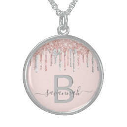 Rose gold silver glitter drips monogram name sterling silver necklace