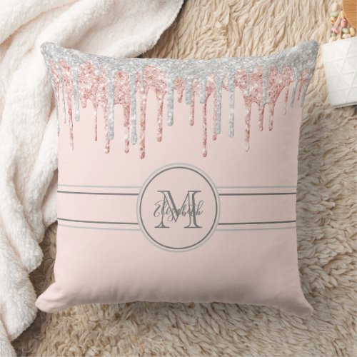 Rose gold silver glitter drips monogram name throw pillow