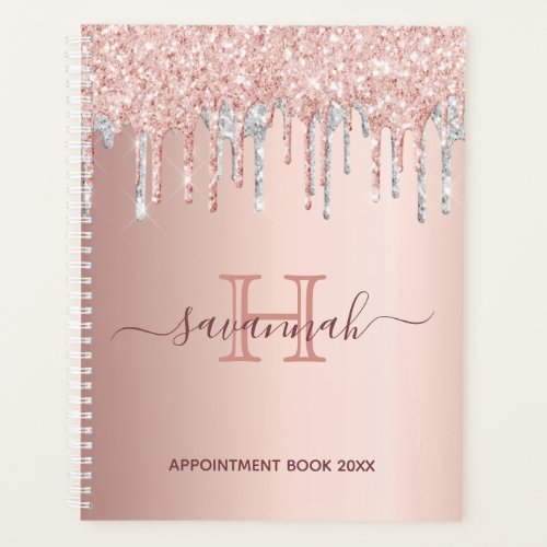 Rose gold silver glitter drips monogram planner