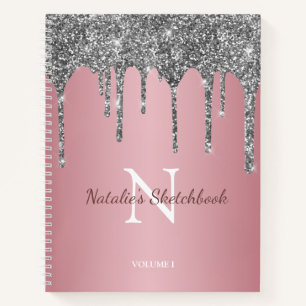 Rose Gold Silver Glitter Drips Monogram Sketchbook Notebook
