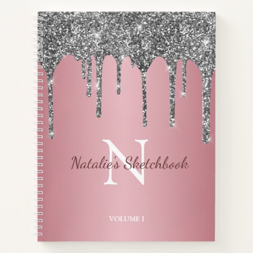 Rose Gold Silver Glitter Drips Monogram Sketchbook Notebook
