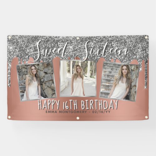Rose Gold Silver Glitter Drips Photo 16th Birthday Banner