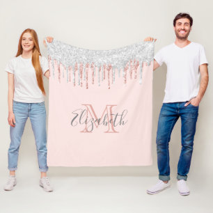 Rose gold silver glitter drips pink monogrammed fleece blanket