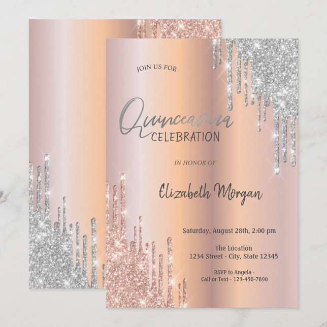 Rose Gold Silver Glitter Drips Quinceañera  Invitation (Front/Back)