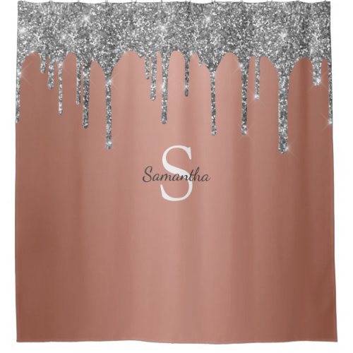 Rose Gold Silver Glitter Drips Sparkle Monogram Shower Curtain
