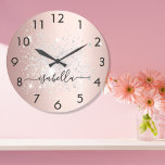Rose gold silver glitter dust metal name script large clock<br><div class="desc">A rose gold faux metallic looking background,  decorated with faux silver glitter dust.  Personalize and add your name written with a trendy hand lettered style script with swashes.
To keep the swashes only delete the sample name,  leave the spaces or emoji's in front and after the name.</div>