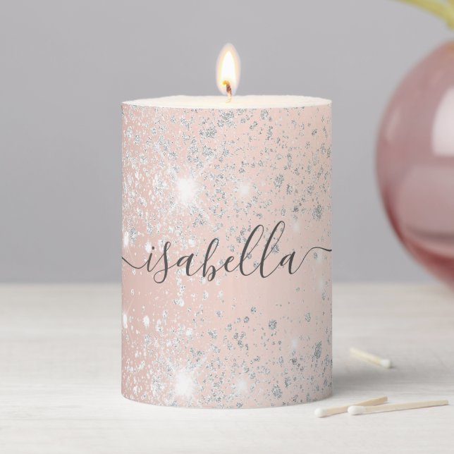 Rose gold silver glitter dust metal name script pillar candle (In Situ)
