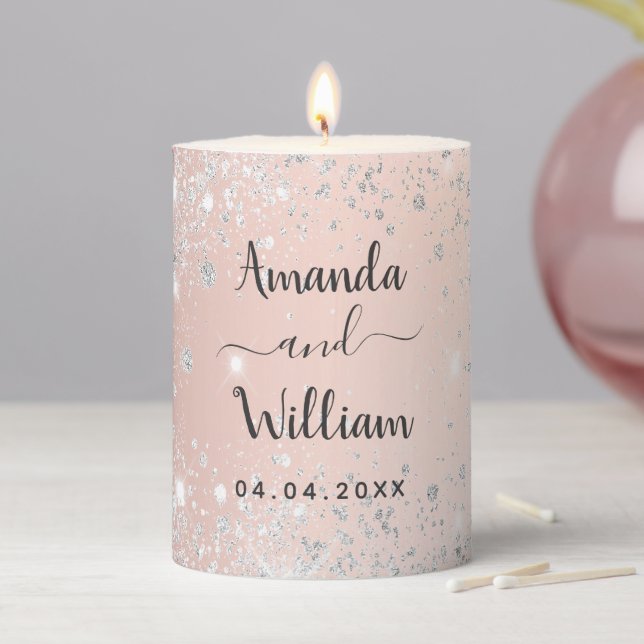 Rose gold silver glitter dust metal names wedding  pillar candle (In Situ)