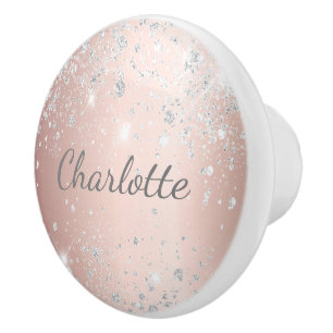 Rose gold silver glitter dust monogram girly ceramic knob