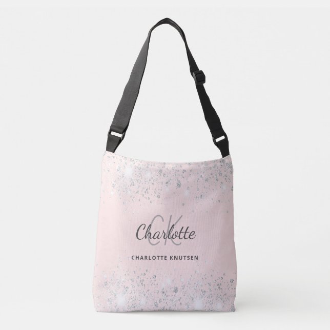 Rose gold silver glitter dust monogram name crossbody bag (Front)
