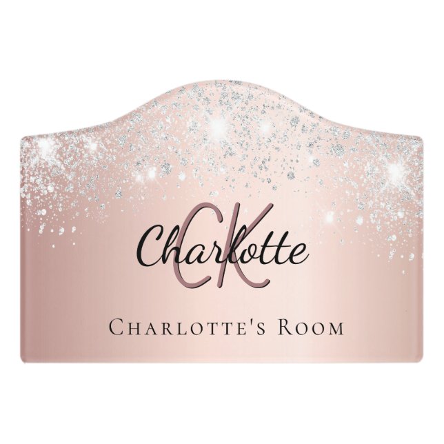 Rose gold silver glitter dust monogram name door sign (Small Crest Front)