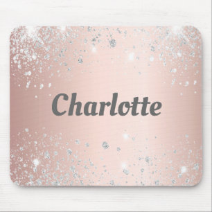 Rose gold silver glitter dust monogram name mouse pad