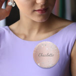 Rose gold silver glitter dust monogram name tag button<br><div class="desc">An elegant rose gold faux metallic looking background. Decorated with faux silver glitter dust. Personalize and add your name. The name is written with a hand lettered style script.</div>