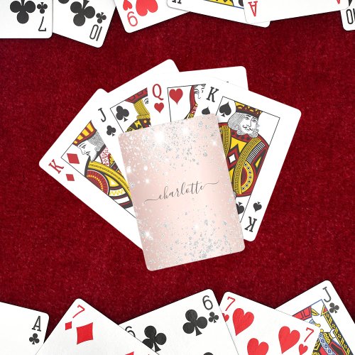 Rose gold silver glitter dust monogram script playing cards