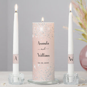 Rose gold silver glitter dust names wedding unity candle set