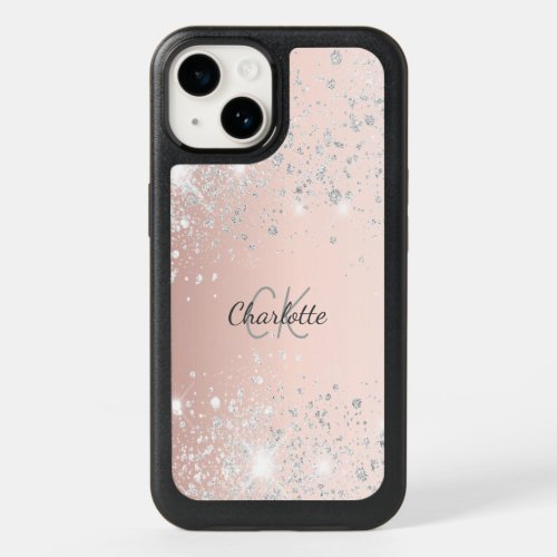 Rose gold silver glitter dust pink monogram name OtterBox iPhone 14 case