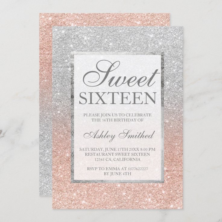 Rose gold silver glitter elegant chic Sweet 16 Invitation | Zazzle