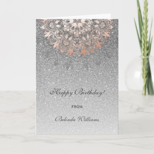 Rose Gold Silver Glitter Floral Mandala Birthday Card (Front)