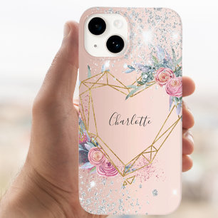 Rose gold silver glitter floral monogram name iPhone 14 case