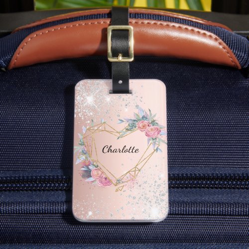 Rose gold silver glitter floral monogram name  luggage tag