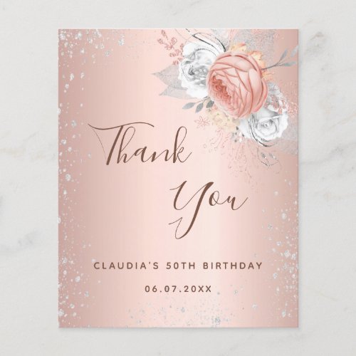 Rose gold silver glitter floral thank you card