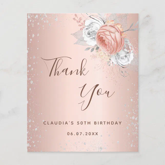 Rose gold silver glitter floral thank you note flyer | Zazzle