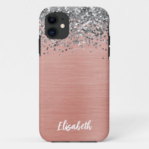 Rose Gold Silver Glitter Girly Monogram Name iPhone 11 Case