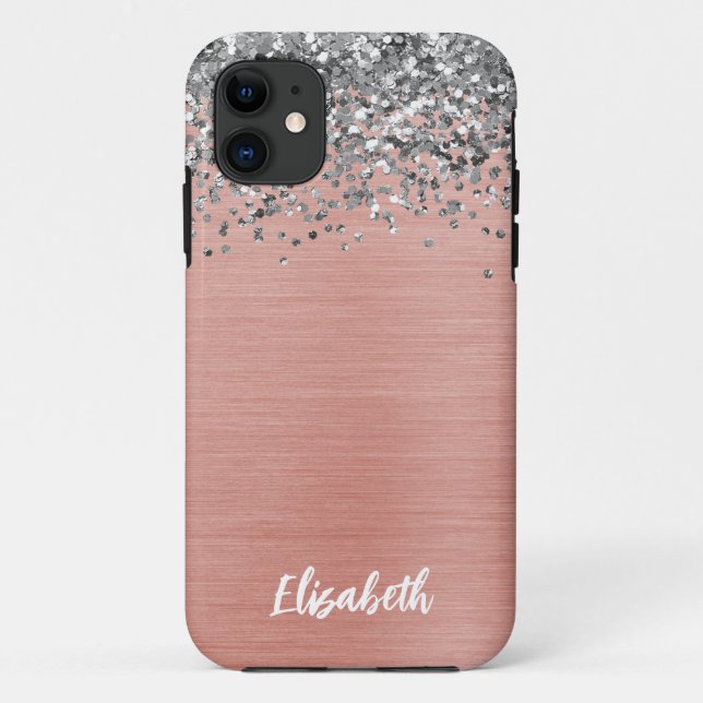 Rose Gold Silver Glitter Girly Monogram Name Case-Mate iPhone Case (Back)