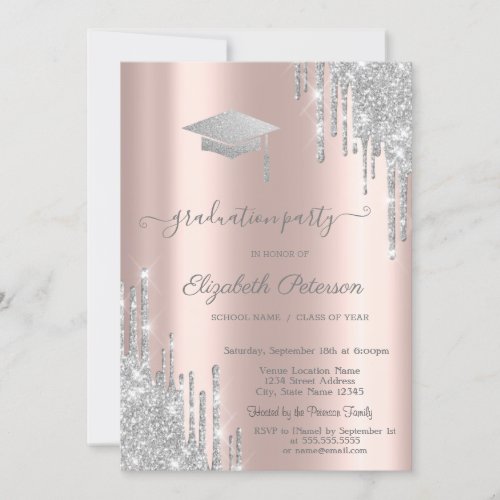 Rose GoldSilver Glitter Grad Cap Drips  Invitation