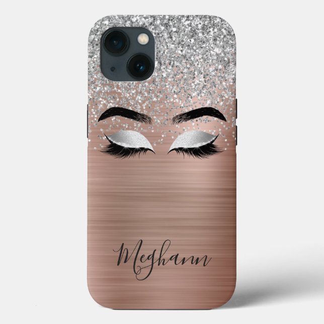 Rose Gold Silver Glitter Metallic Eyelash Monogram Case-Mate iPhone Case (Back)