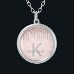 Rose gold silver glitter monogram elegant silver plated necklace<br><div class="desc">Girly, trendy and monogrammed. A feminine blush pink background decorated with rose gold and faux silver glitter drips. Personalize and add a name and monogram letter. Gray colored letters. The name is written with a modern hand lettered style script with swashes. To keep the swashes only delete the sample name,...</div>