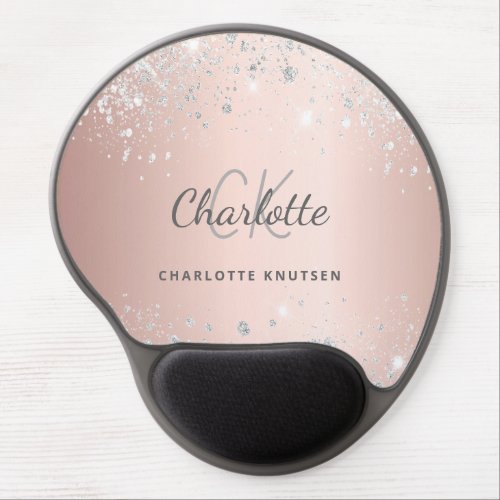 Rose gold silver glitter monogram initails name gel mouse pad